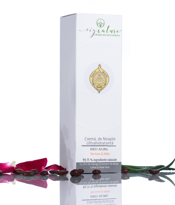 Hydrating Night Cream for Greasy and Mixed Skin with Mango Butter, Peony-, Coffee- and Aloe Vera extracts - 50 ml