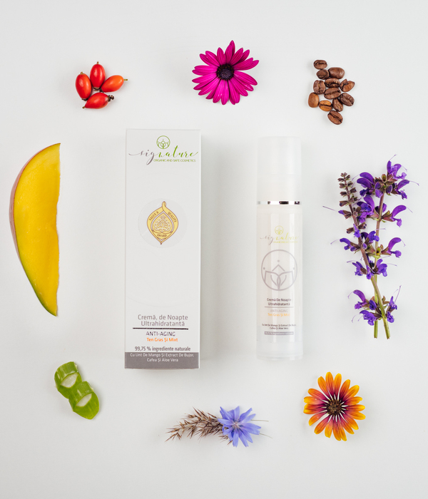 Hydrating Night Cream for Greasy and Mixed Skin with Mango Butter, Peony-, Coffee- and Aloe Vera extracts - 50 ml