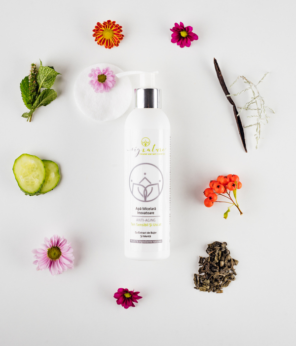 Hidratáló Micelláris Víz Érzékeny és Száraz Arcbőrre Bazsarózsa És Menta Kivonatával - 200 ml